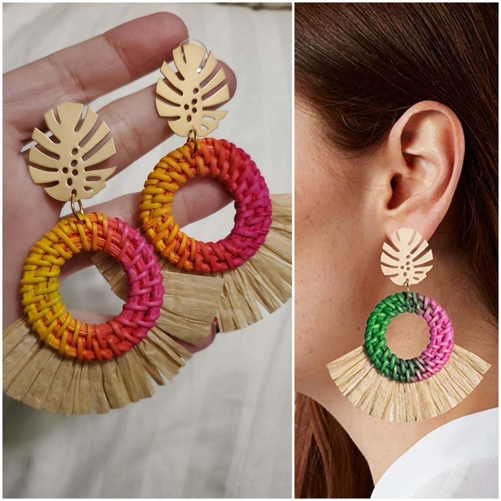 New Tropical Leaf w/Raffia & Woven Rattan earrings